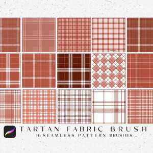 Puede incluir: Conjunto de 16 patrones de pincel de tela de tartán sin costuras en tonos de rojo, marrón y blanco.  Tartan Fabric Brush - 16 Seamless Pattern Brushes.