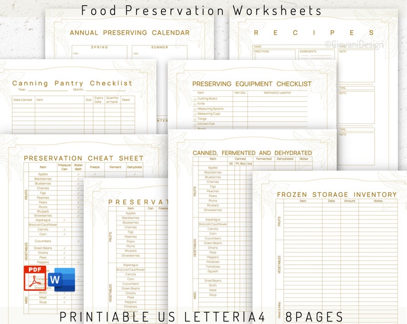 May include: Printable food preservation worksheets in a gold and white design. The worksheets include a calendar, checklist, cheat sheet, and inventory for canning, fermenting, dehydrating, and freezing. The text "Printable US Letter 8 Pages" is at the bottom of the page.