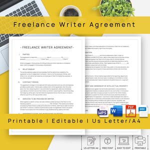 May include: A printable freelance writer agreement template in a US Letter or A4 size. The document includes sections for parties, relationship, contract period, services to be provided by writer, representations and warranties of writer, compensation, and ownership of intellectual property.