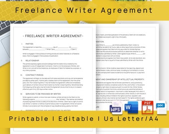 Editable Freelance Writer Service Agreement, Printable Content Writer Contract Template,Writer Work For Hire, Script Writer Agreement