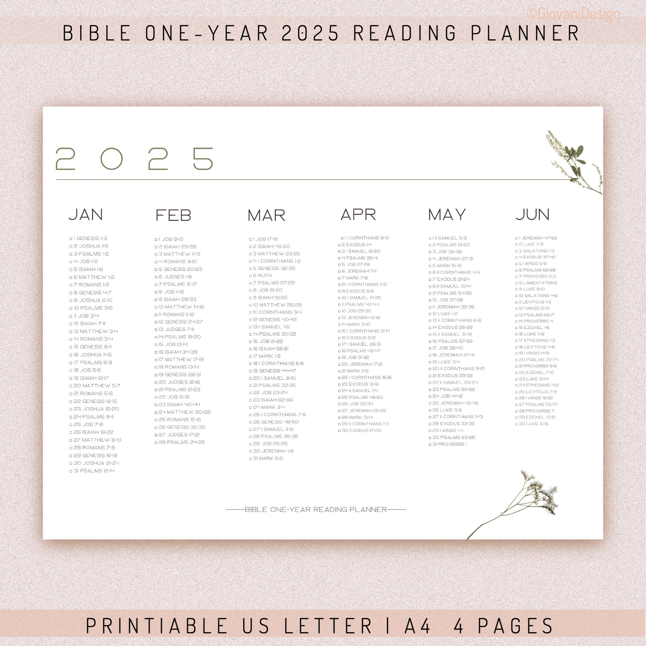 Printable Bible One-year Reading Planner for 2025, 2025 Bible Bookmark ...