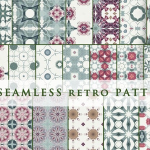 22 Modello retrò senza soluzione di continuità, motivo botanico vintage, verde, rosso, fiori, foglie, elegante modello senza soluzione di continuità, di Giovanni, uso commerciale