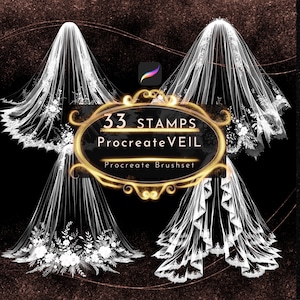 Puede incluir: Un conjunto de 33 sellos de Procreate con varios diseños de velo. Los sellos están diseñados para usarse en la aplicación Procreate y son perfectos para agregar un toque de elegancia al arte digital.