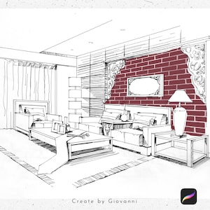 Peut inclure: Un croquis &agrave; main lev&eacute;e d'un salon avec un mur en briques rouges, un canap&eacute;, une table basse et une lampe. Le croquis est intitul&eacute; "Cr&eacute;&eacute; par Giovanni".