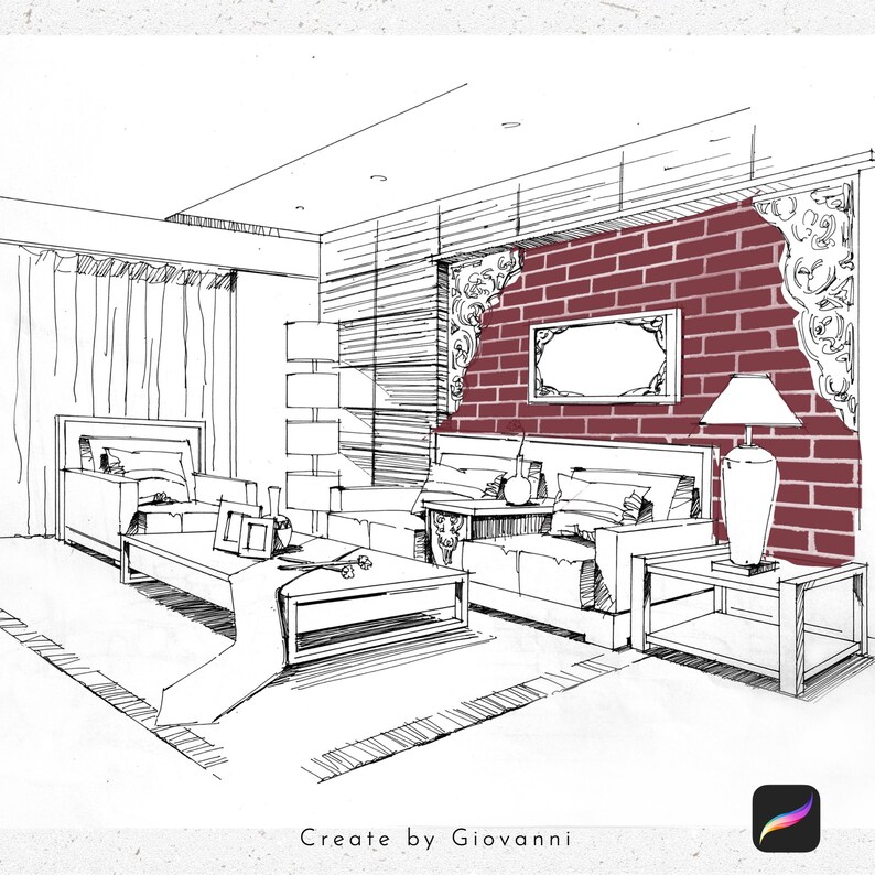 Peut inclure: Un croquis &agrave; main lev&eacute;e d'un salon avec un mur en briques rouges, un canap&eacute;, une table basse et une lampe. Le croquis est intitul&eacute; "Cr&eacute;&eacute; par Giovanni".