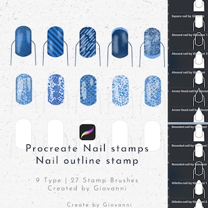 Könnte beinhalten: Ein Set mit 27 Procreate-Stempelpinseln zum Erstellen von Nagelkunstdesigns. Die Pinsel sind für verschiedene Nagelformen konzipiert, darunter quadratisch, mandelförmig, pfeilförmig, abgerundet und stilettoförmig. Die Pinsel werden auf einem weißen Hintergrund mit einem blau-weißen Muster gezeigt.