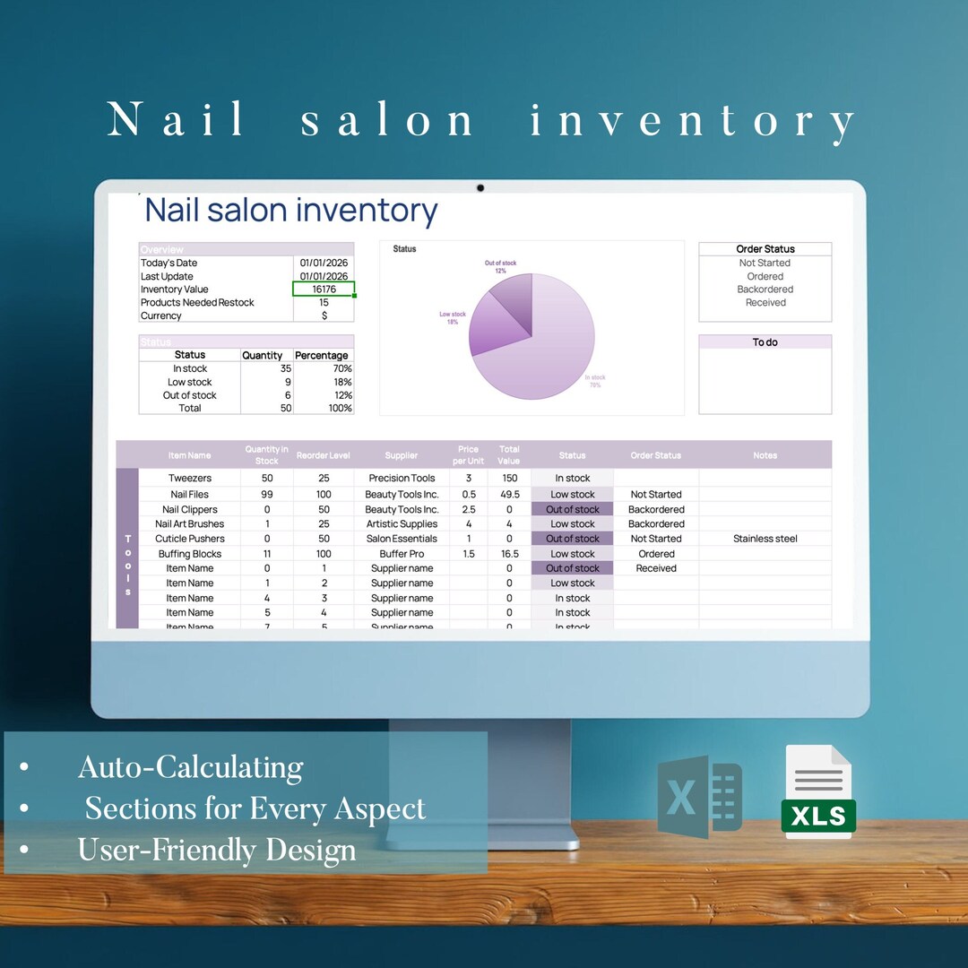 Nail Salon Inventory List Template, Excel Template, Autocalculating Nail Salon Inventory List Template, Excel Template, Autocalculating
