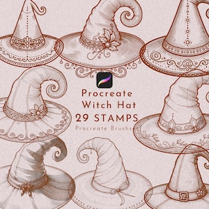 May include: A set of 29 Procreate witch hat stamps. The stamps are in a vintage style with intricate details and floral accents. The stamps are perfect for creating Halloween-themed designs.