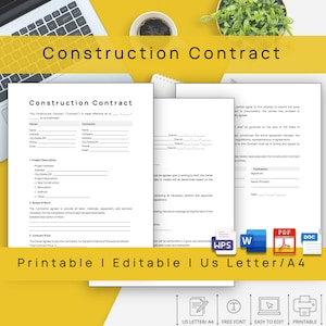 Editable Construction Contract Template, Printable Building Contract Agreement, Customizable Construction Agreement