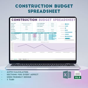 May include: A laptop screen displaying a construction budget spreadsheet with a graph and a table. The spreadsheet is titled "Construction Budget Spreadsheet". The spreadsheet is auto-calculating and has sections for every aspect of a construction project. The spreadsheet is user-friendly and has 5 tabs. The spreadsheet is in an Excel format.
