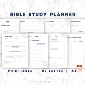 May include: Printable Bible study planner with floral designs in shades of purple and gray. The planner includes sections for reading notes, prayer, reflection, scripture study, gratitude, confessions, and a monthly reading journal.