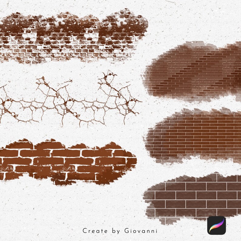 Peut inclure: Cinq coups de pinceau aquarelle num&eacute;riques de murs de briques dans diff&eacute;rents &eacute;tats de d&eacute;labrement. Les deux du haut sont horizontaux, les trois du bas sont verticaux. Le coup de pinceau en haut &agrave; gauche est un mur de briques avec quelques briques manquantes. Le coup de pinceau en haut &agrave; droite est un mur de briques avec une apparence plus solide. Le coup de pinceau du milieu est un mur de briques fissur&eacute;. Le coup de pinceau en bas &agrave; gauche est un mur de briques avec quelques briques manquantes. Le coup de pinceau en bas &agrave; droite est un mur de briques avec une apparence plus solide.