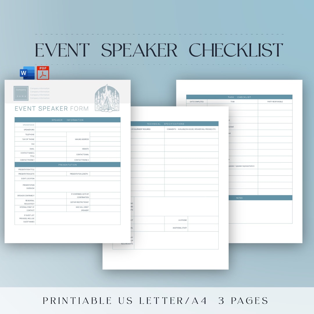 Printable Event Speaker Form, Editable Speaker Organizer for Event