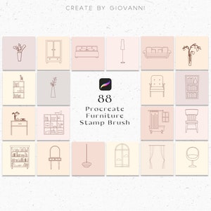 May include: A set of 88 Procreate stamp brushes featuring line drawings of furniture, including a bed, sofa, chair, bookcase, lamp, window, and more. The illustrations are in a minimalist style with a light pink background.