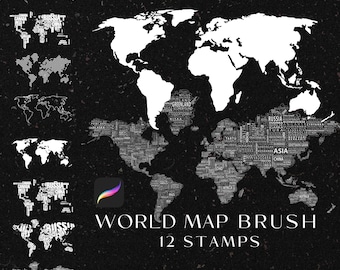 Procreate World Map Brush, 12 Procreate Stamps, World Map Contour, World Map Silhouette, Global, Continenti, Map