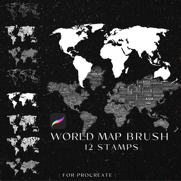 Procreate World Map Brush, 12 Procreate Stamps, World Map Contour, World Map Silhouette, Global, Continents, Map