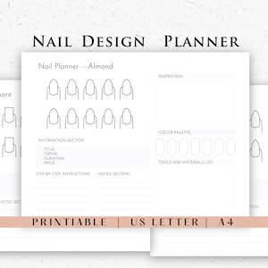 May include: Printable nail design planner with a title "Nail Planner - Almond". The planner includes sections for inspiration, color palette, tools and materials list, information, step-by-step instructions, and notes. The planner features a visual representation of almond-shaped nails.