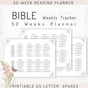 May include: A printable 5-page Bible reading planner with a 52-week format. The design includes weekly trackers with scripture references, a floral accent, and the text "52-Week Reading Planner" and "Bible Weekly Tracker".