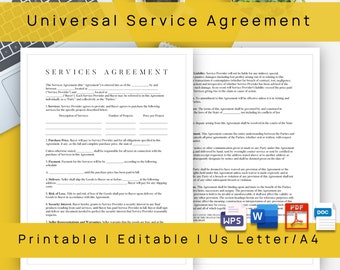 Peut inclure: Un modèle de contrat de service universel imprimable au format US Letter ou A4. Le document comprend des sections pour les services, le prix d'achat, le paiement, la livraison, le risque de perte, l'intérêt de sécurité, les déclarations et garanties du vendeur et la responsabilité. Le document est modifiable et comprend une police de caractères gratuite.