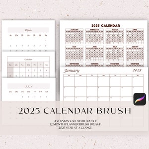 Puede incluir: Un conjunto de pinceles de calendario imprimibles 2025 con 4 versiones de pinceles de calendario, 12 pinceles de planificador mensual y un calendario 2025 de un vistazo. La imagen muestra un ejemplo del calendario de enero de 2025.