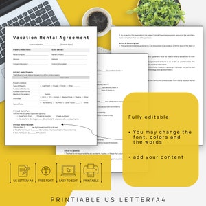 Peut inclure: Un mod&egrave;le de contrat de location de vacances imprimable au format US Letter ou A4. Le mod&egrave;le comprend des sections pour les d&eacute;tails de la propri&eacute;t&eacute;, les conditions de location, le paiement de la location et les responsabilit&eacute;s. Le texte est enti&egrave;rement modifiable, vous permettant de modifier la police, les couleurs et les mots pour personnaliser le contrat.
