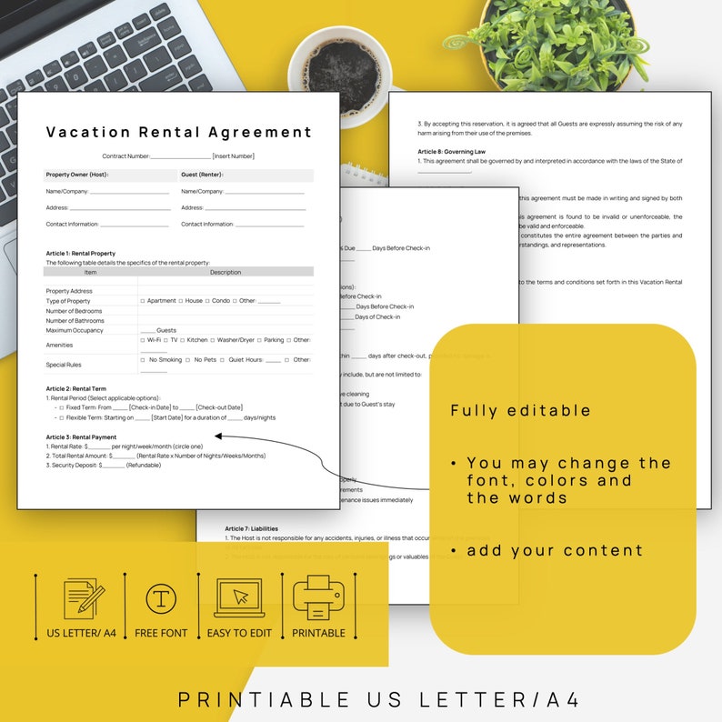 Peut inclure: Un mod&egrave;le de contrat de location de vacances imprimable au format US Letter ou A4. Le mod&egrave;le comprend des sections pour les d&eacute;tails de la propri&eacute;t&eacute;, les conditions de location, le paiement de la location et les responsabilit&eacute;s. Le texte est enti&egrave;rement modifiable, vous permettant de modifier la police, les couleurs et les mots pour personnaliser le contrat.