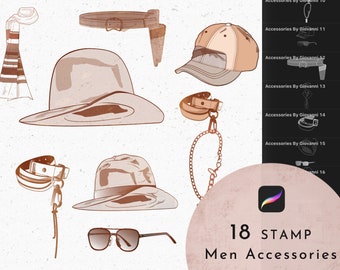 18 Men Accessories STAMP Bruch, Hats Stamps, Fashion Design, Procreate Clothes Brushes, Outline, Tie