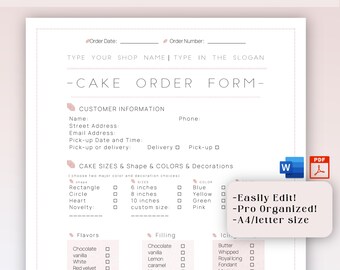 Editable Cake Order Form Template,Printable Bakery Order Form,Bakery Cake Request & Booking Template, for Bakery Business,Dessert Template
