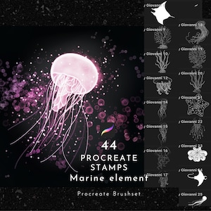 May include: A set of 44 Procreate stamps featuring marine elements. The stamps include a jellyfish, starfish, seahorse, and more. The stamps are perfect for adding a touch of ocean life to your digital art.