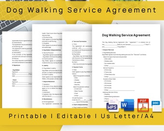 May include: A printable dog walking service agreement template in a US Letter or A4 size. The document includes sections for scope of services, payment terms, client responsibilities, and dog walker responsibilities. The document is easy to edit and includes a free font.