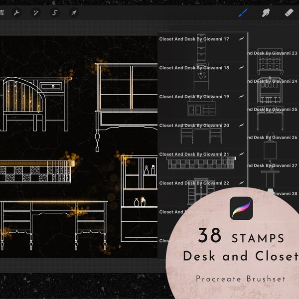 38 Procreate Bureau en Kast stempelborstel, Book Outline Collection, Garderobe, Tafel, Sofa, Stoel, Home, Bureau, Kabinet