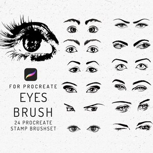 May include: A set of 24 Procreate eye stamp brushes for digital art. The brushes feature different eye shapes, sizes, and expressions, including closed eyes, open eyes, and eyes with different eyebrow shapes.