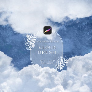 May include: A white graphic with a floral design and the text "FOR PROCREATE CLOUD BRUSH 17 STAMP BRUSHES" on a blue and white cloudy background.