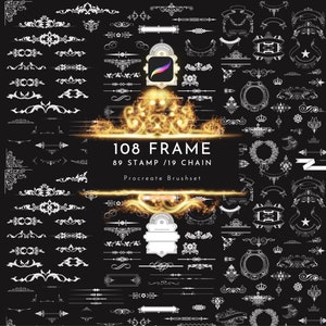 Può includere: Un set di 108 pennelli Procreate con cornici, timbri e catene. I pennelli sono bianchi su uno sfondo nero con un effetto di bagliore dorato. Il testo "108 FRAME 89 STAMP / 19 CHAIN Procreate Brushset" è al centro dell'immagine.