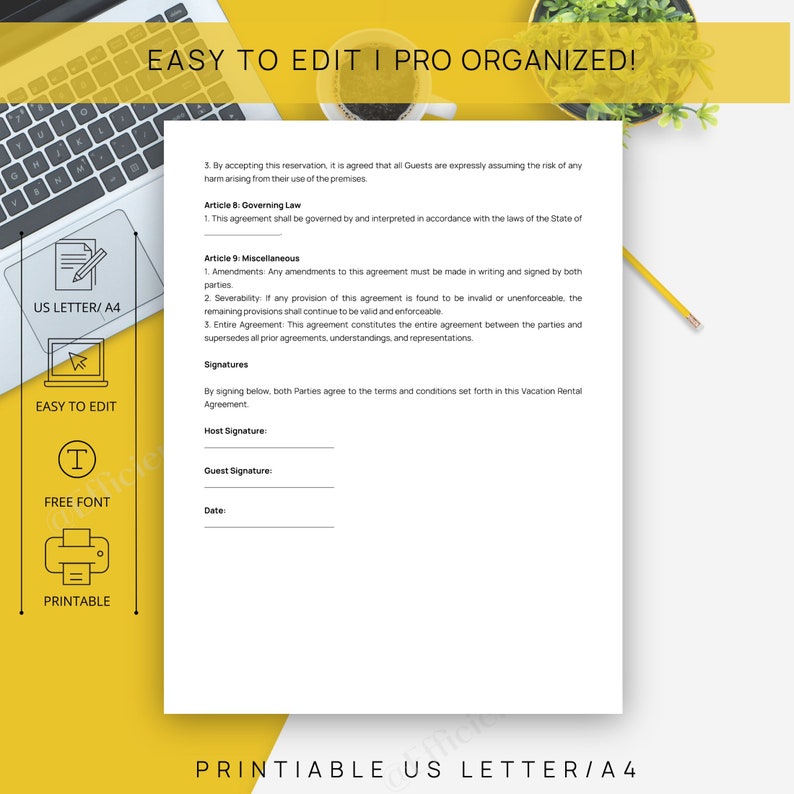 Peut inclure: Un mod&egrave;le de contrat de location de vacances imprimable au format US Letter/A4. Le document comprend des sections pour le droit applicable, les conditions g&eacute;n&eacute;rales et les signatures du propri&eacute;taire et du locataire.