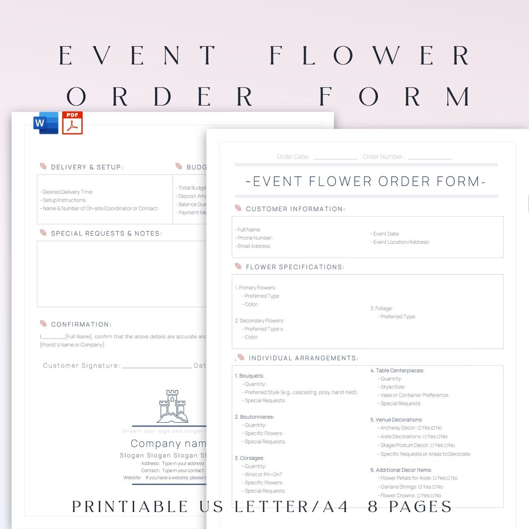 Printable Event Flower Order Form, Editable Wedding or Event Floral