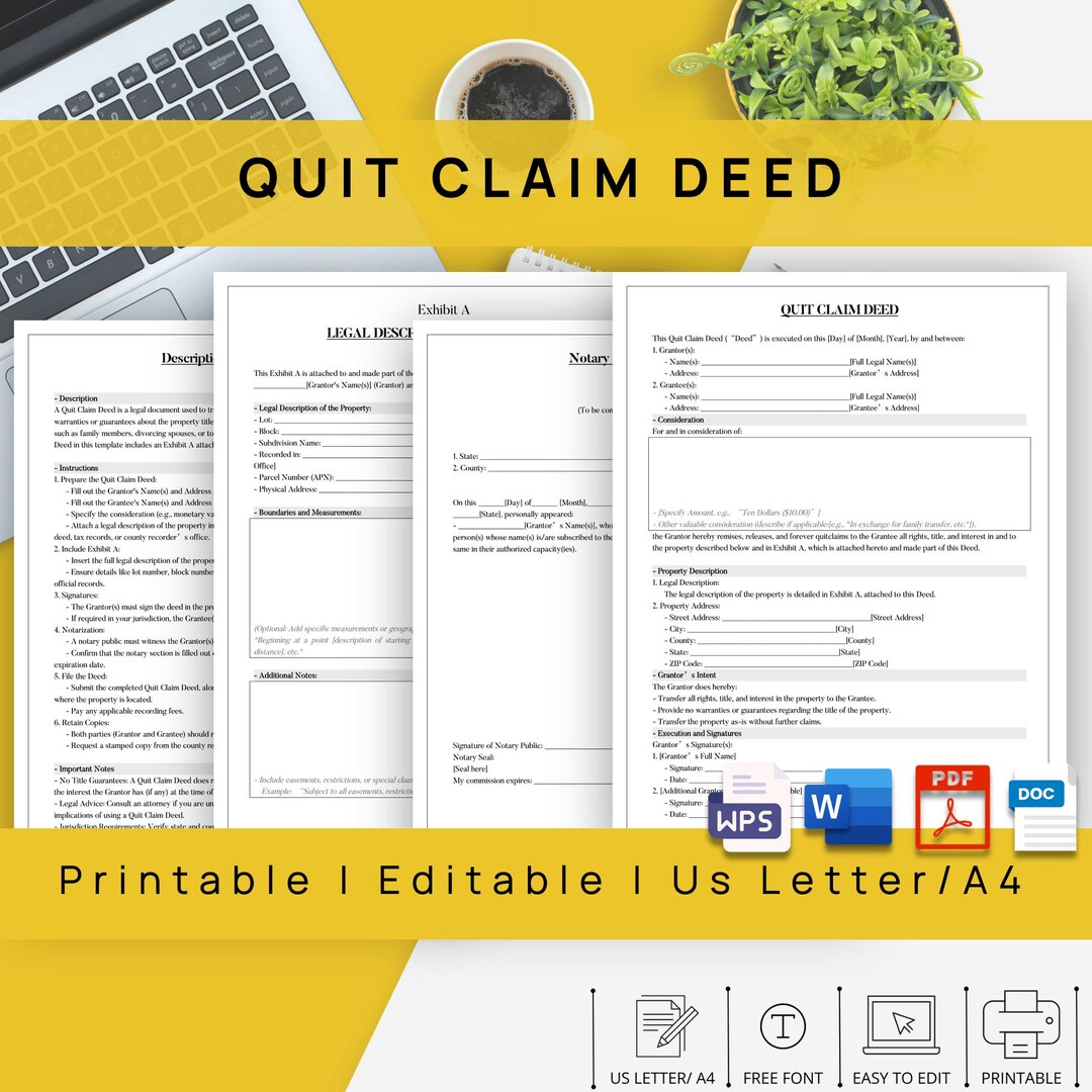 Professional Quit Claim Deed Template, Editable Legal Document ...