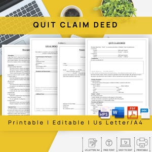 Professional Quit Claim Deed Template, Editable Legal Document, Printable Quit Claim Deed Template, with Instructions and Exhibit A
