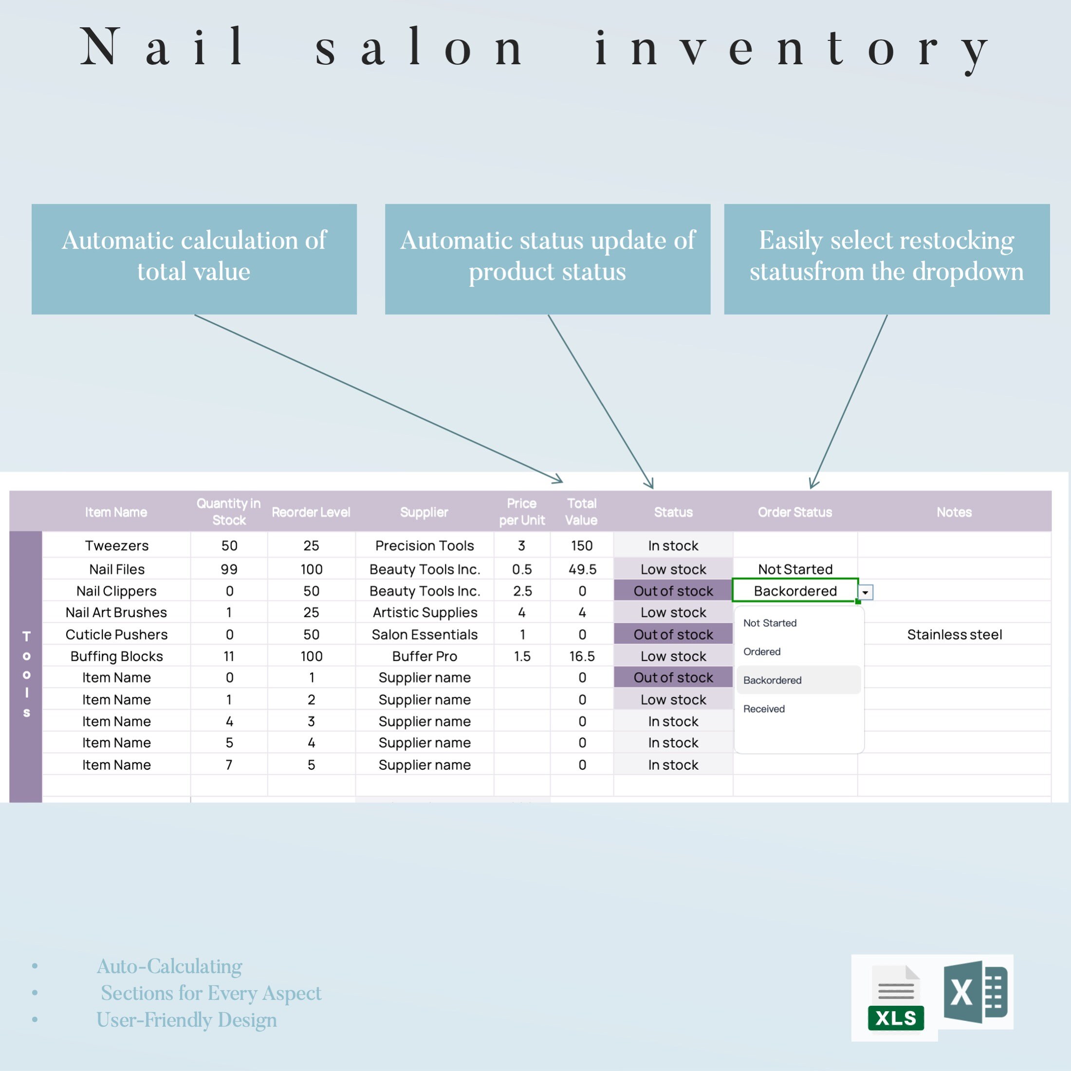 Nail Salon Inventory List Template, Excel Template, Auto-calculating ...