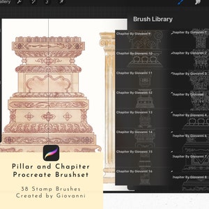 May include: A digital illustration of a pillar and chapiter Procreate brush set. The image shows a detailed drawing of a pillar with a decorative top. The image also shows a library of 38 stamp brushes for Procreate, labeled "Chapiter By Giovanni" with numbers 1 through 16.