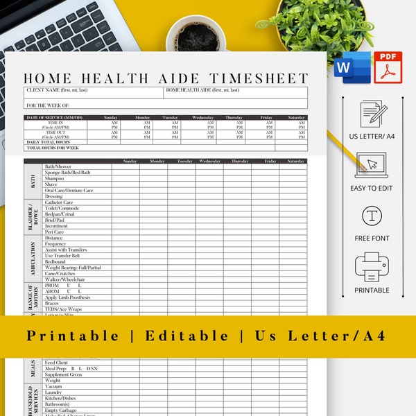 Home Health Aide Timesheet Templates - In-Home & Caregiver Timesheets, Printable, Editable (Word File)