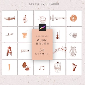 May include: A set of 34 Procreate music brush stamps featuring various musical instruments, notes, and symbols. The stamps are in a brown colour and are arranged in a grid on a white background.