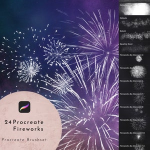 May include: A set of 24 Procreate brushes for creating fireworks effects. The brushes are designed to create realistic fireworks with different shapes and sizes. The brushes are perfect for adding a festive touch to your digital art.
