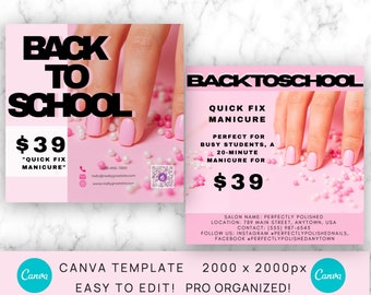Back To School Nail Flyer, Back To School Sale Flyer for Nail Salons,Social Media Post, Modern, Elegant, Black and Pink