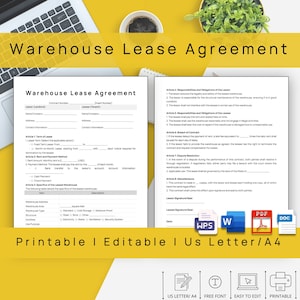 May include: A printable warehouse lease agreement template in US Letter or A4 size. The document includes sections for the lessor and lessee, terms of the lease, specifics of the leased warehouse, responsibilities and obligations, breach of contract, dispute resolution, miscellaneous information, and signatures. The template is editable and can be saved in various formats, including Word, PDF, and DOC.