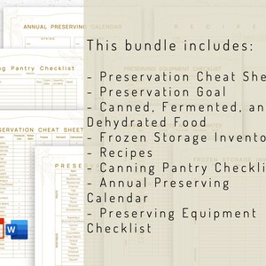 May include: A printable bundle of checklists and guides for preserving food. The bundle includes a preservation cheat sheet, a preservation goal checklist, a canning pantry checklist, a frozen storage inventory, and a preserving equipment checklist. The text "This bundle includes" is at the top of the image.