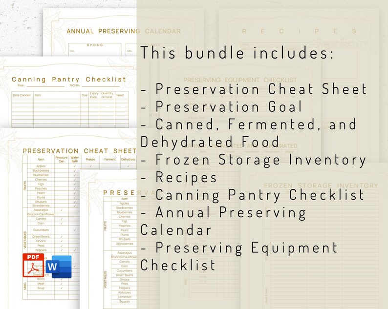 May include: A printable bundle of checklists and guides for preserving food. The bundle includes a preservation cheat sheet, a preservation goal checklist, a canning pantry checklist, a frozen storage inventory, and a preserving equipment checklist. The text "This bundle includes" is at the top of the image.