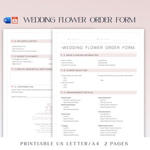 Printable Wedding Flower Order Form, Editable Wedding Floral Arrangement Request Document,  Wedding Flower Order Template,Word, Fdf