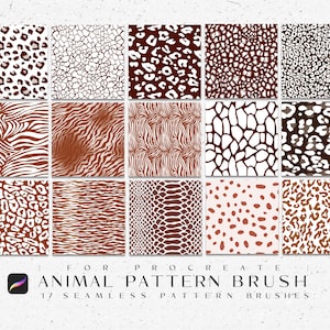 Könnte beinhalten: Ein Set mit 17 nahtlosen Tiermuster-Pinseln für Procreate. Die Pinsel zeigen verschiedene Tierdrucke, darunter Leopard, Zebra, Giraffe, Schlange und Gepard. Die Muster sind in Braun- und Weißtönen gehalten.