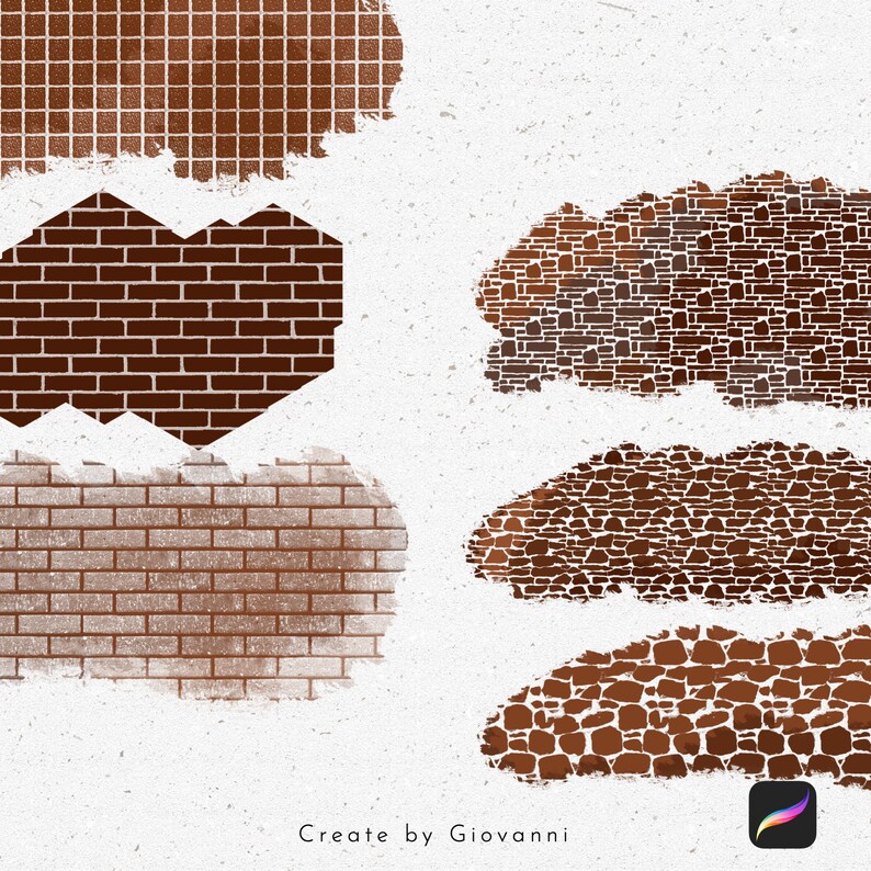 Peut inclure: Cinq textures de pinceau num&eacute;riques diff&eacute;rentes de murs en briques et en pierre. Les textures sont dans des tons de brun et de rouge, et elles sont toutes l&eacute;g&egrave;rement vieillies. Les textures sont parfaites pour ajouter une touche r&eacute;aliste &agrave; l'art num&eacute;rique.